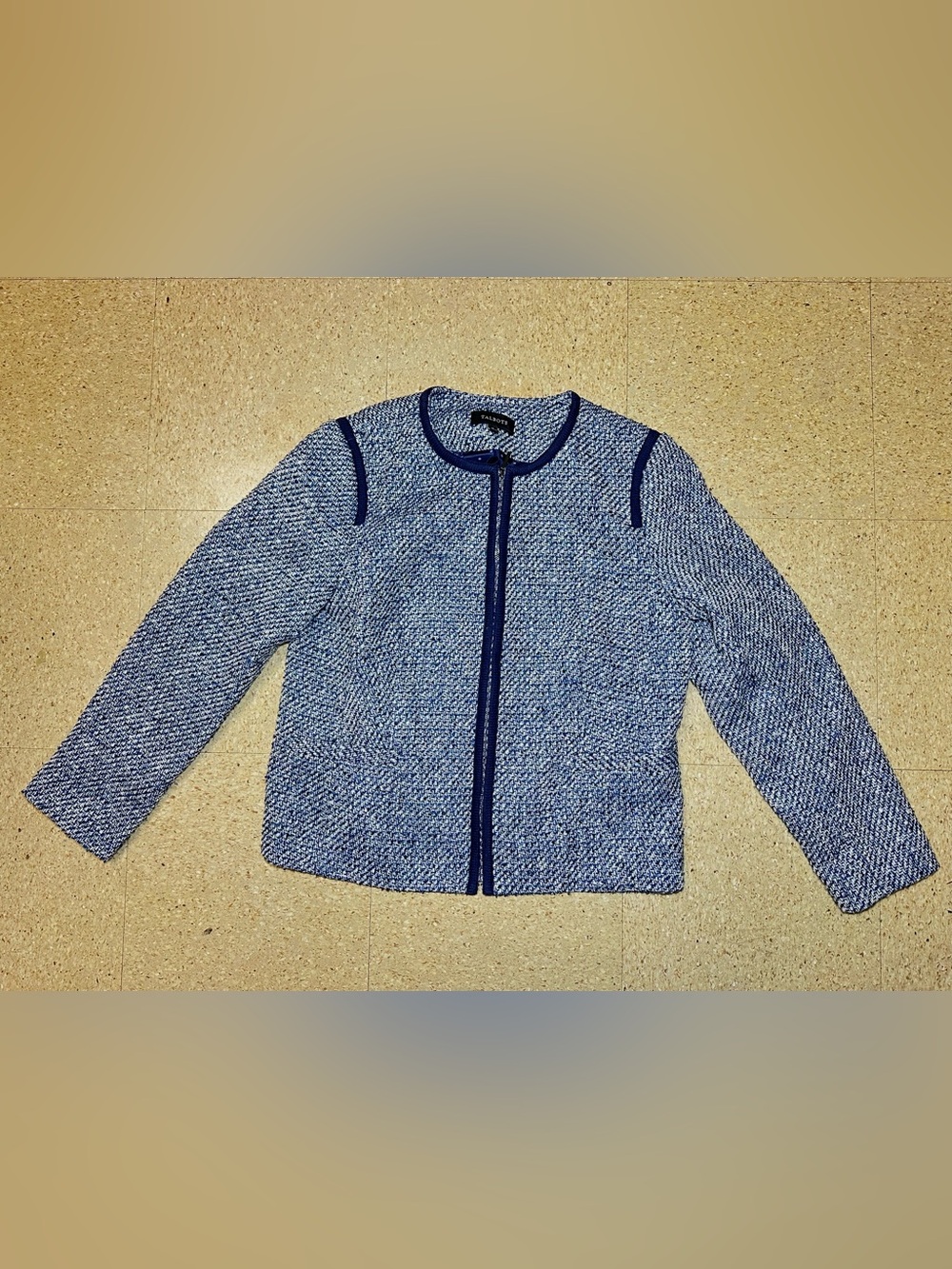 Talbots Womens Blue Tweed Jacket Blazer Zip Front Collarless 2 Pockets Sz 12